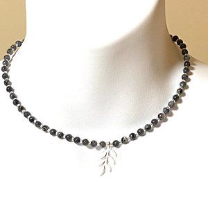 Larvikite Stone Silver Leaf Branch Necklace, Genuine Gemstone Beaded Necklace